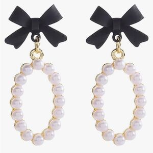 3for$20 Oval Elegant Pearl and Black Bow Earring Studs